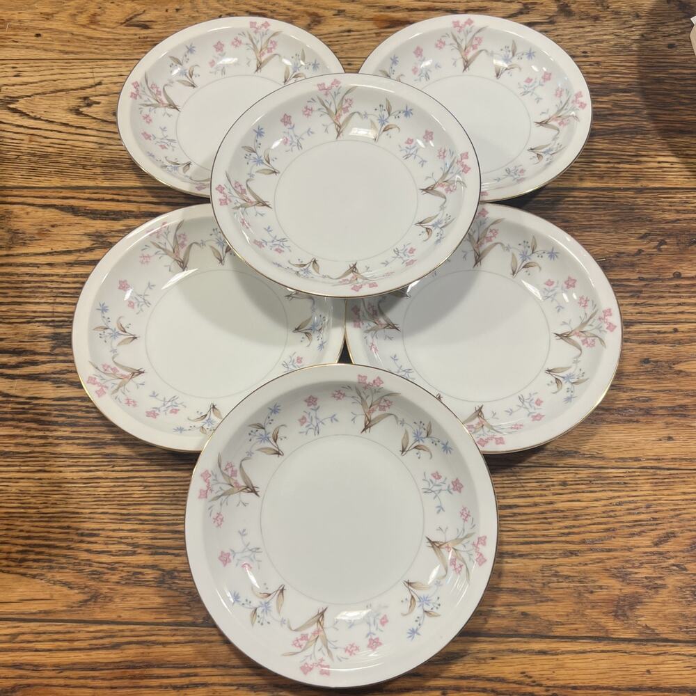 6 Vintage Meito China Japan "Lucille" Rimmed Soup Cereal Bowls Floral PRISTINE!!